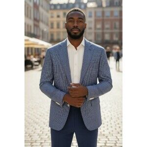 J Hilburn Blazer Mens 42R Blue Plaid Estrato Wool Linen Blend Sportscoat